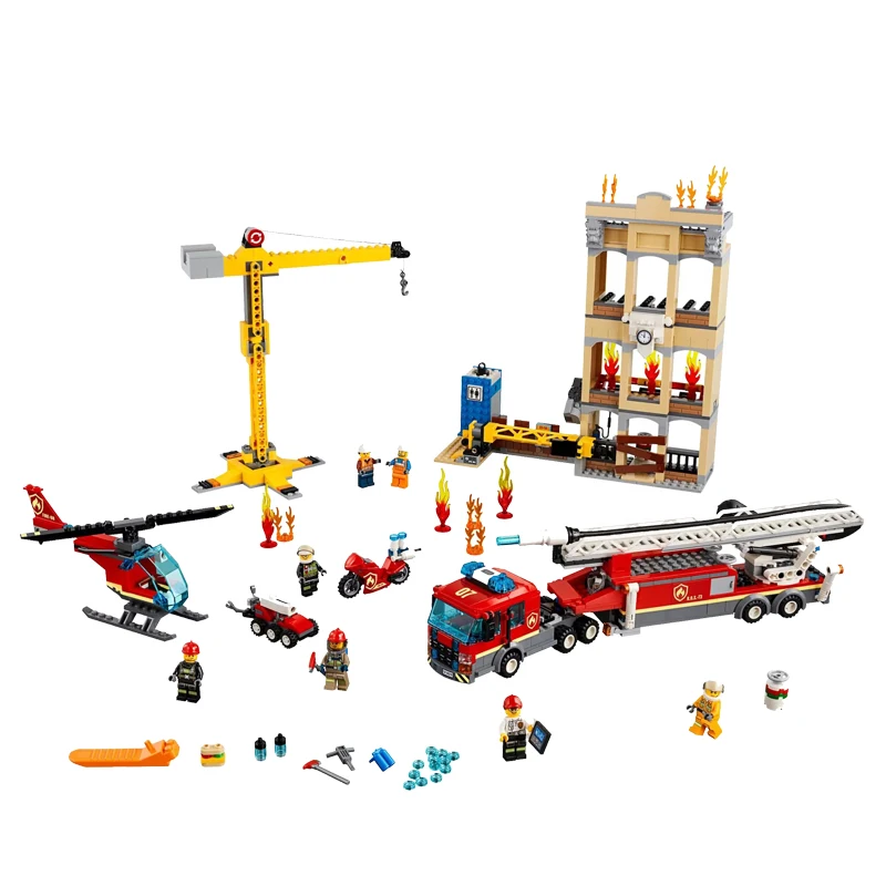 

2019 New Downtown Fire Brigade Ladder Truck Crane Helicopter Compatible Legoingly City 60216 Building Blocks toys Christmas Gift