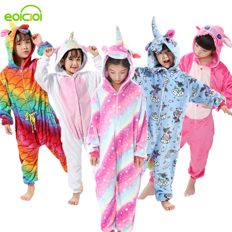 

Flannel Children kigurumi Pajamas Set Winter Hooded Animal Unicorn Pikachu Stitch Kids Pajamas For Boys Girls Sleepwear Onesies