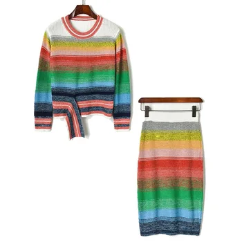 

Gradient Rainbow Striped Knitted 2 Piece Set 2019 Fall O-neck Loose Pullover Sweater + High Waist Skirt Two Piece Set Suit P-117