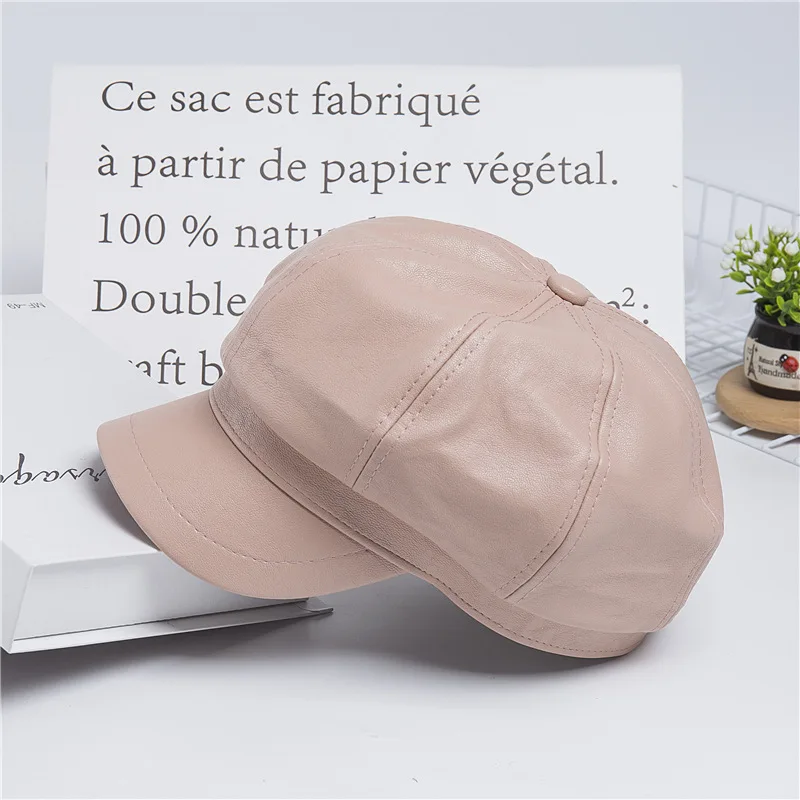 

Women Berets Hat Autumn Korean Edition Net Red Pure PU Leather Cortex British Retro Octagonal Cap Vintage Winter French Beret