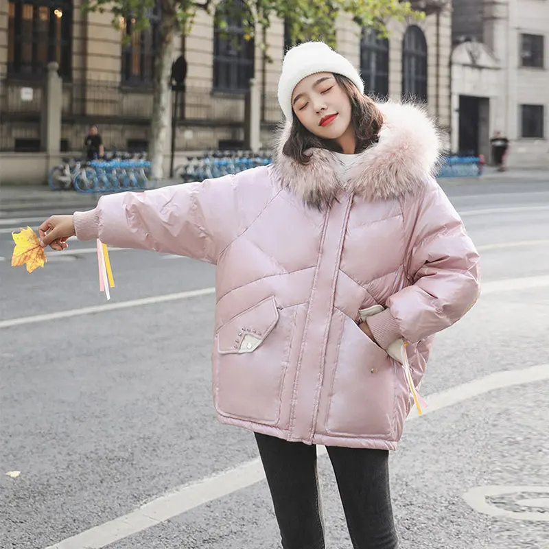 Новое Женское зимнее пальто модное Свободное длинное пуховое пальто большого размера женский воротник из натурального меха синий глянцевый белый пуховик на утином пуху - Цвет: Pink