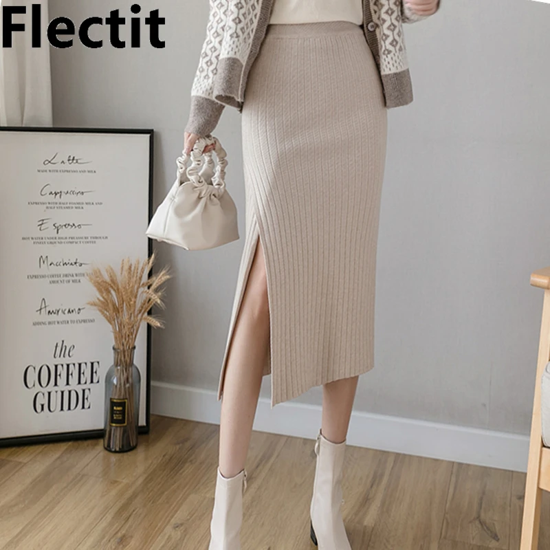 

Flectit Side Slit Ribbed Pencil Skirt Womens Elastic Waist Midi Calf-Length Fitted Knit Skirt Fall Winter High Street Outfits *