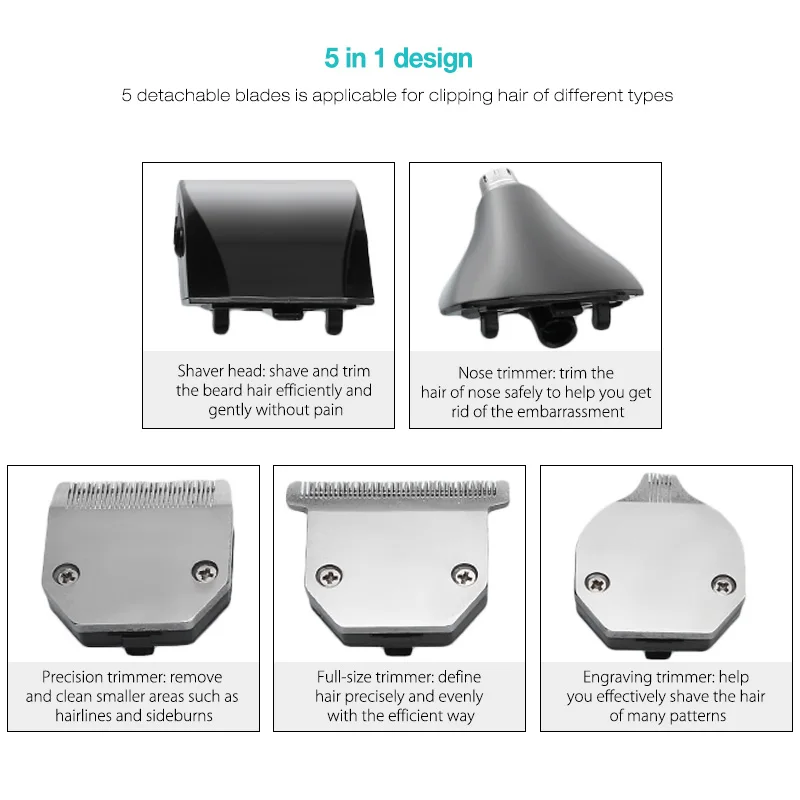 Rechargeable Electric Trimmer Professional Hair Clipper 5 in 1 Hair Shaving Machine Adjustable to Any Angle Beard Trimmer 40D