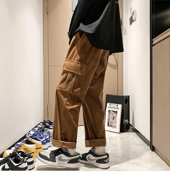 Pantalones de pana de terciopelo para hombre, pantalón informal, holgado y  grueso, ropa recta, color negro y marrón, invierno, 2021 - AliExpress