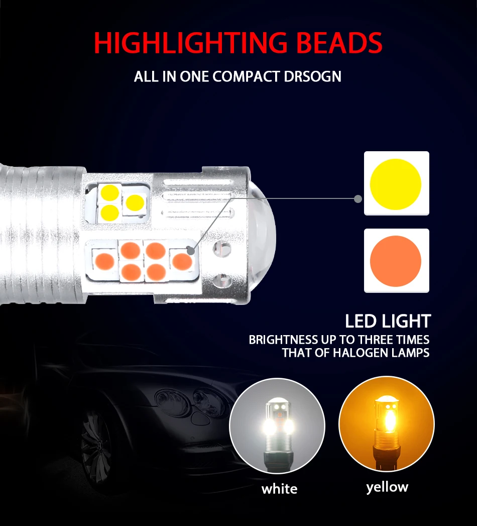 HLXG 2 шт. Цвет: желтый, белый двойной цвет 3157 3156 7443 7440 светодиодный W21/5 Вт лампы для передних автомобильных тормозных Обратный лампы задних фонарей, фонарей указателей повтора сигнала огни автомобиля 12V