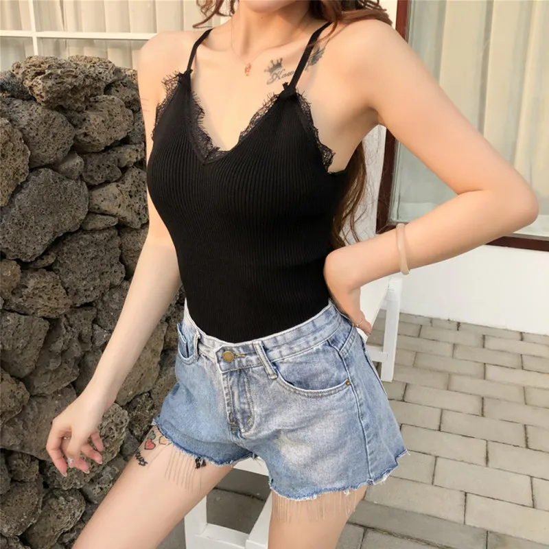 EFINNY Женская кружевная трикотажная рубашка Летняя Сексуальная V воротник Camisole тонкий с открытыми плечами майка