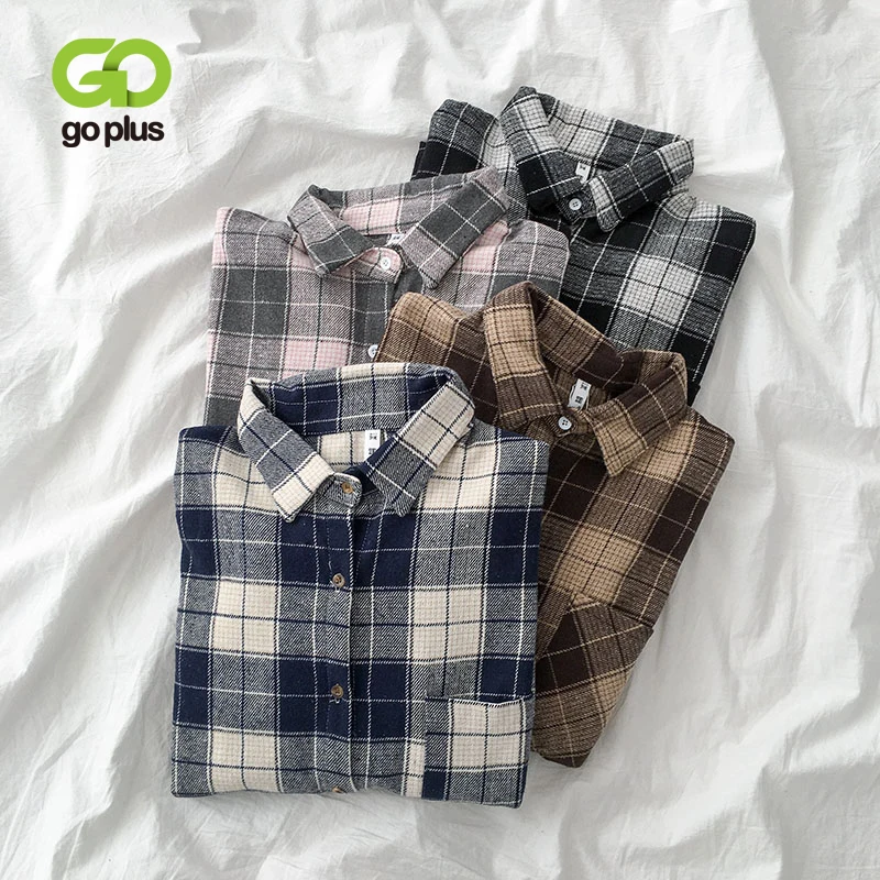 

GOPLUS Winter Women's Blouse Shirt Vintage Plaid Turn-down Collar Long Sleeve Blusas Womens Tops and Blouses Ropa Mujer