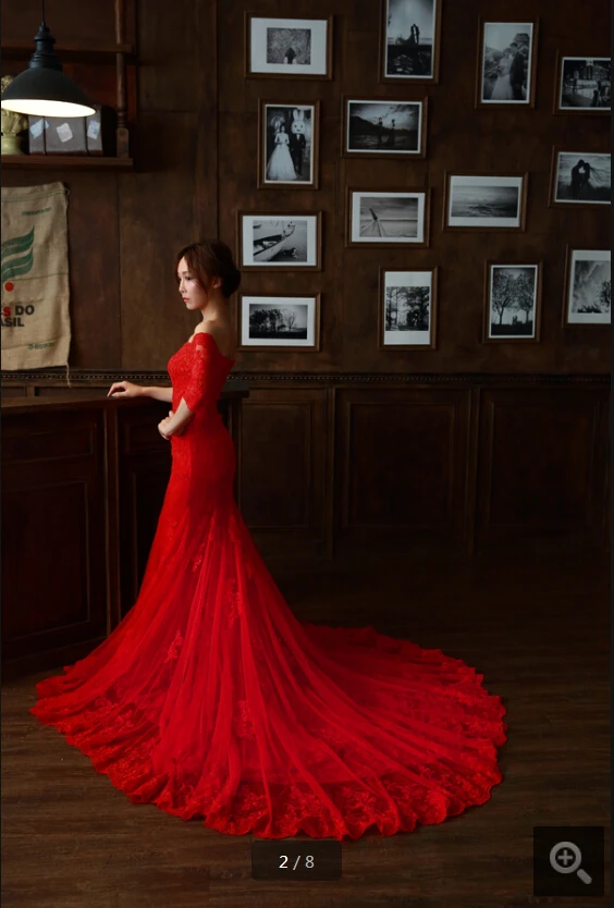 Vestido De Festa mermaid red tulle elegant evening dress appliques lace v neckline half sleeve modest sexy evening gowns