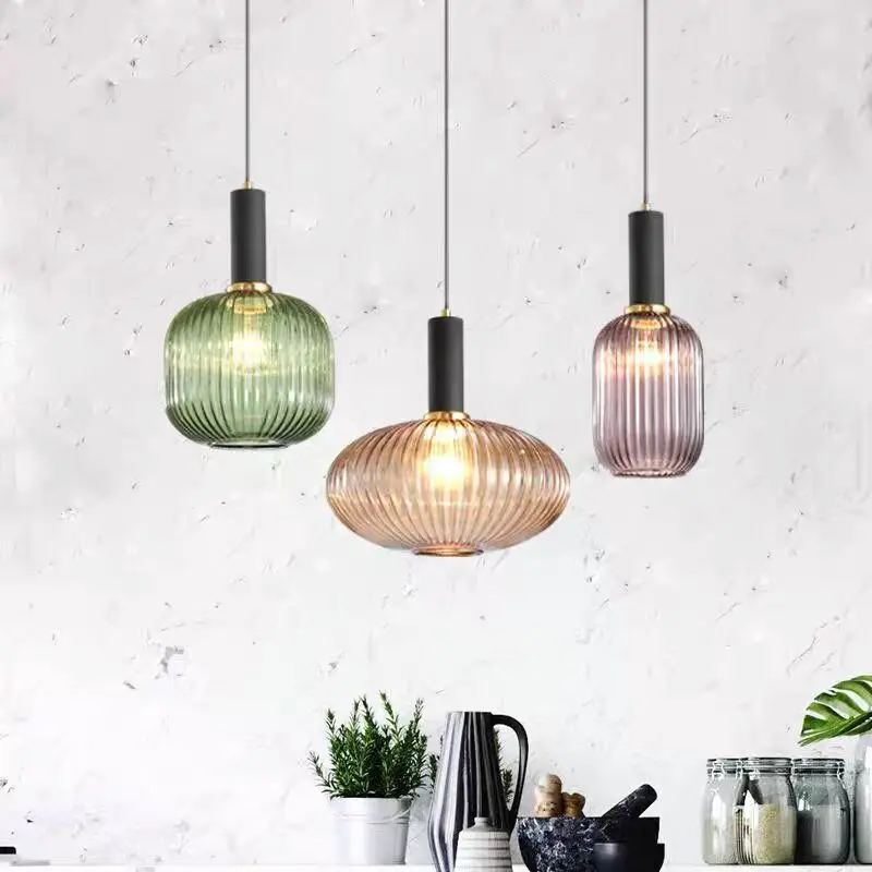 

Creative Bar Dining Room Lamp Personalized Simple Striped Lantern Chandelier Single Head Japanese Netflix Glass Pendant Light