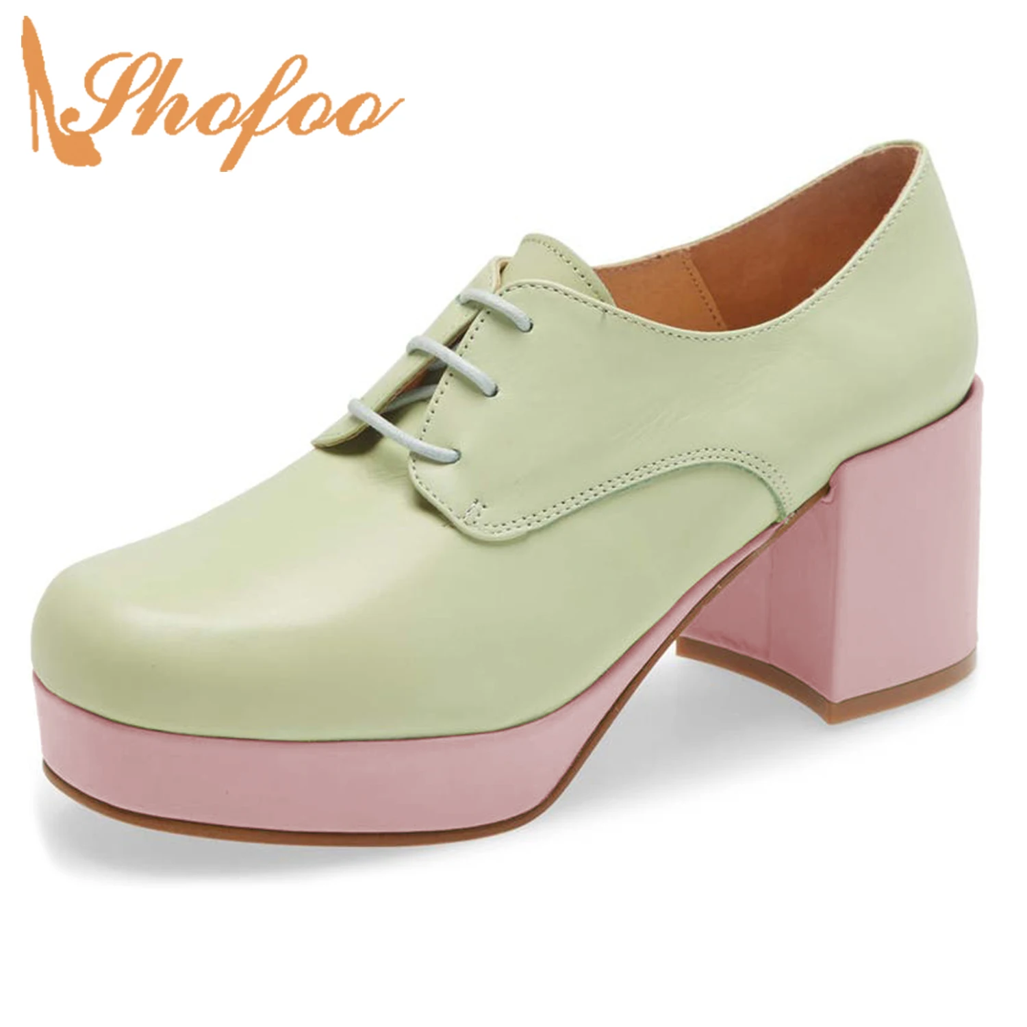 

Pink Platform Women's Pumps High Chunky Heels Round Toe Ladies Casual Mature Dress Lace Up Spring Shoes Large Size 39 40 Shofoo