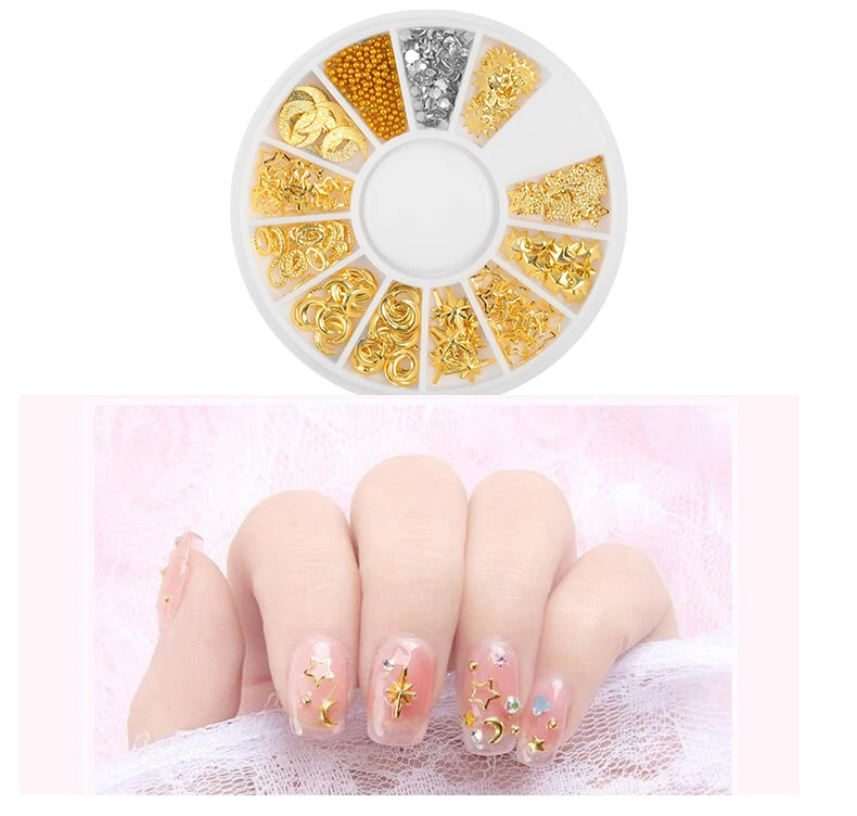 1Box Rivet Nail Studs 3D Nail Art Decoration Gold Silver Circle Star Round Square Triangle Mixed 5