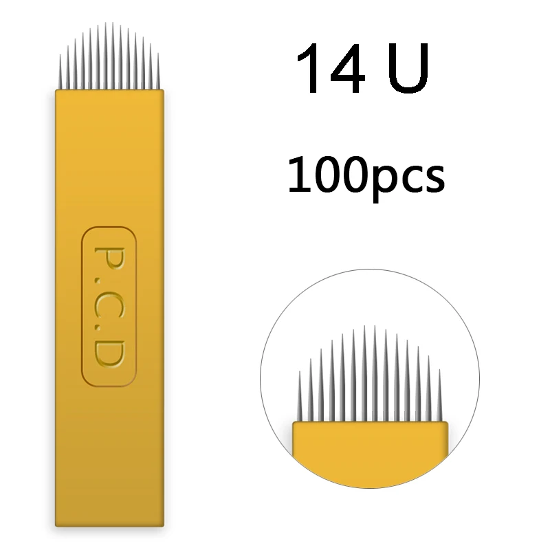 100PCS 14U 100 шт. Nano Lamina Agulhas микроблейдинг tebori 12 pin жесткая PCD игла 12 лезвий постоянный макияж бровей 0,25 мм иглы татуировки - Габаритные размеры: 100PCS 14U