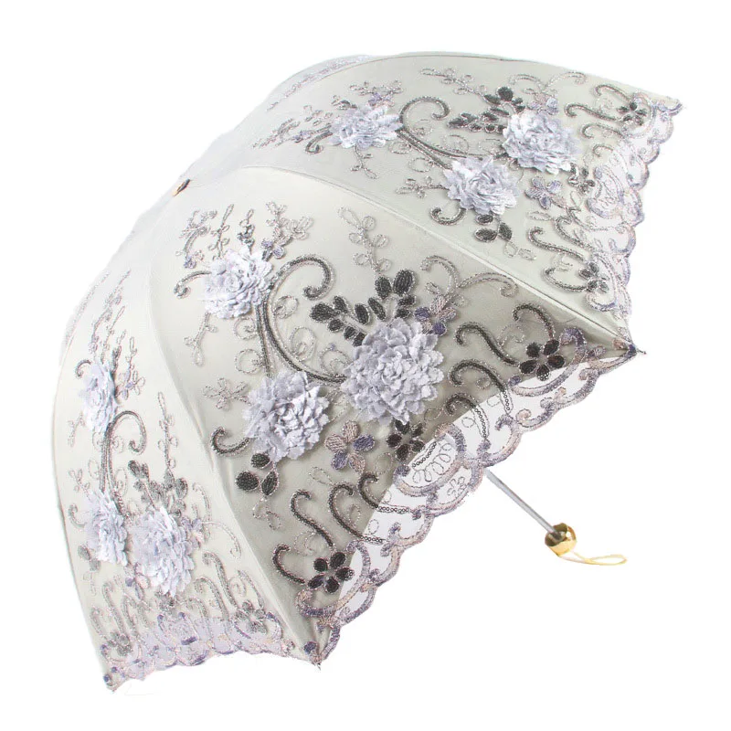 

1PC Embroidered Lace Double Layer Anti-UV Sun Parasol Folding 3D Flower Embroidery Multi Color Umbrella