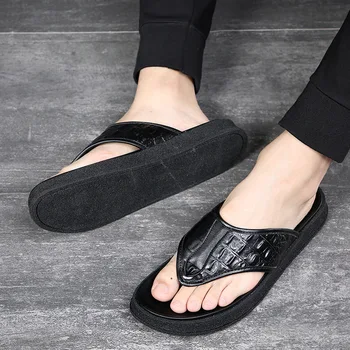 

Men's Flip Flops Genuine Leather Luxury Slippers Beach Casual Sandals Summer for Men Fashion Shoes New