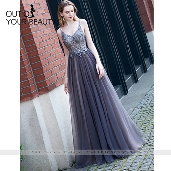 

2020 New High-end Evening Dress Purple Gray Backless Applique Bead Spaghetti Straps Banquet Formal Host Performance Long Dress