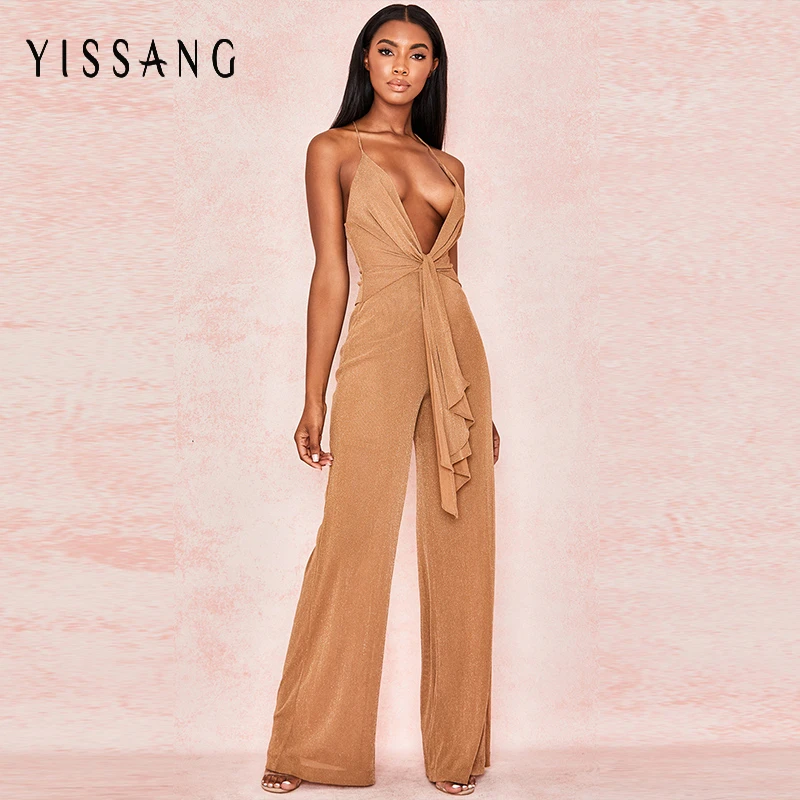

Yissang Sexy Backless Women Jumpsuit V Neck Elegant Long Jumpsuits Wide Leg Spaghetti Strap Summer Rompers Womens Jumpsuit 2019
