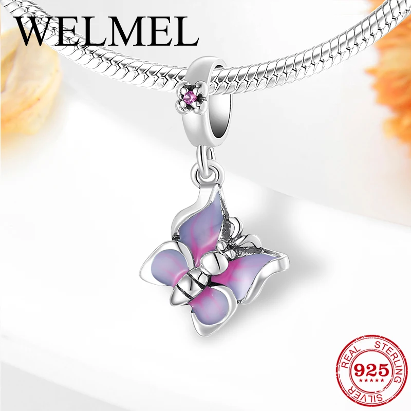 

Hot 925 Sterling Silver Beads Exquisite Pink Purple Enamel Butterfly Pendant Bead Fit Original Pandora Charm Bracelets Jewelry