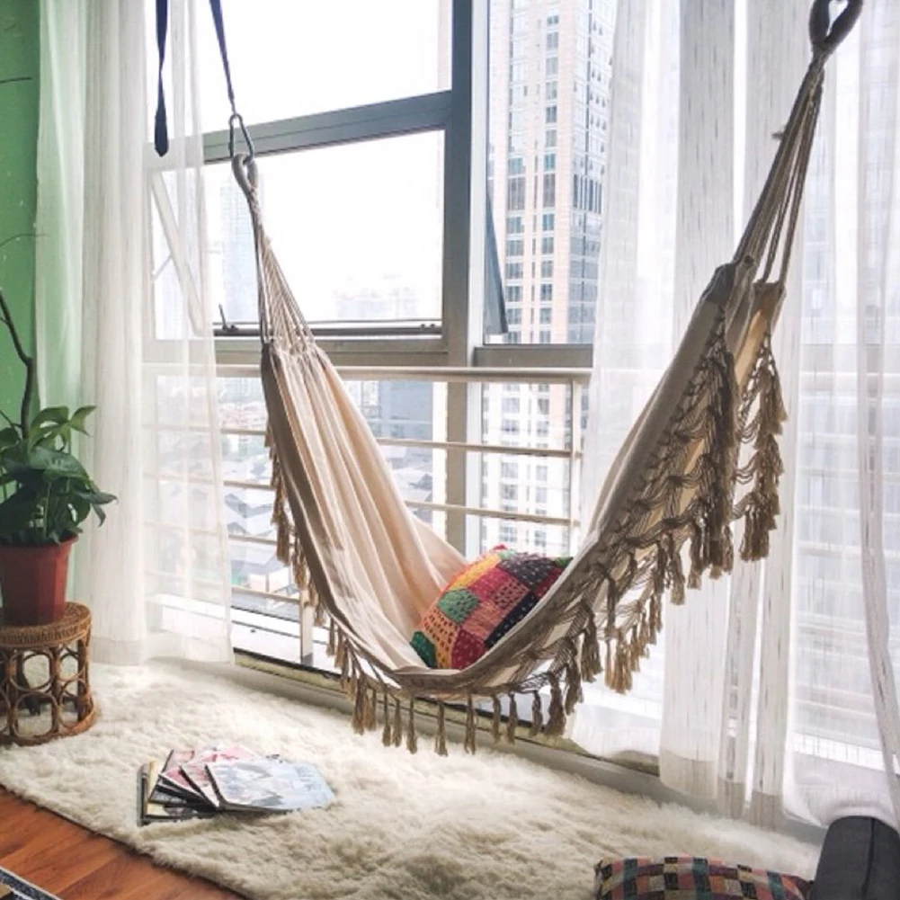 Outdoor Garden Hammock Tassel Canvas Swing Chair Hanging Bed Hiking Camping Hunting Foldable Hammock Photo Props 2