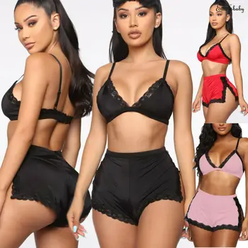 

Sexy Lingerie Sleepwear Women Satin Lace Casual Loose Sleeveless Nightgown two pieces Pajama Set Plus Size Nightwear