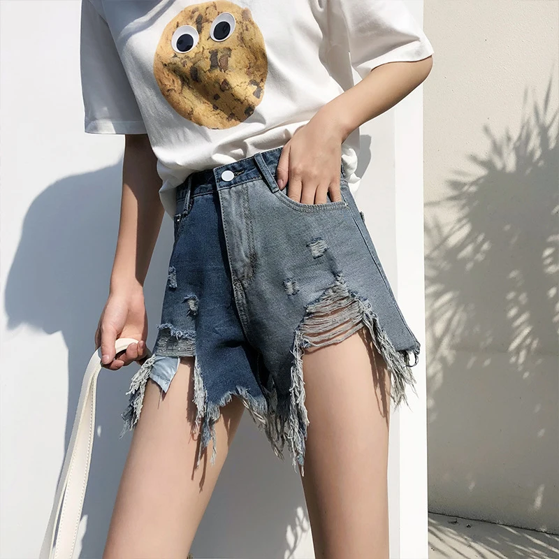 

Korea Women Vintage Short Jeans Ripped Hole High Waist Jean Shorts Spliced Blue Color Fashion Loose Streetwear Spring Summer