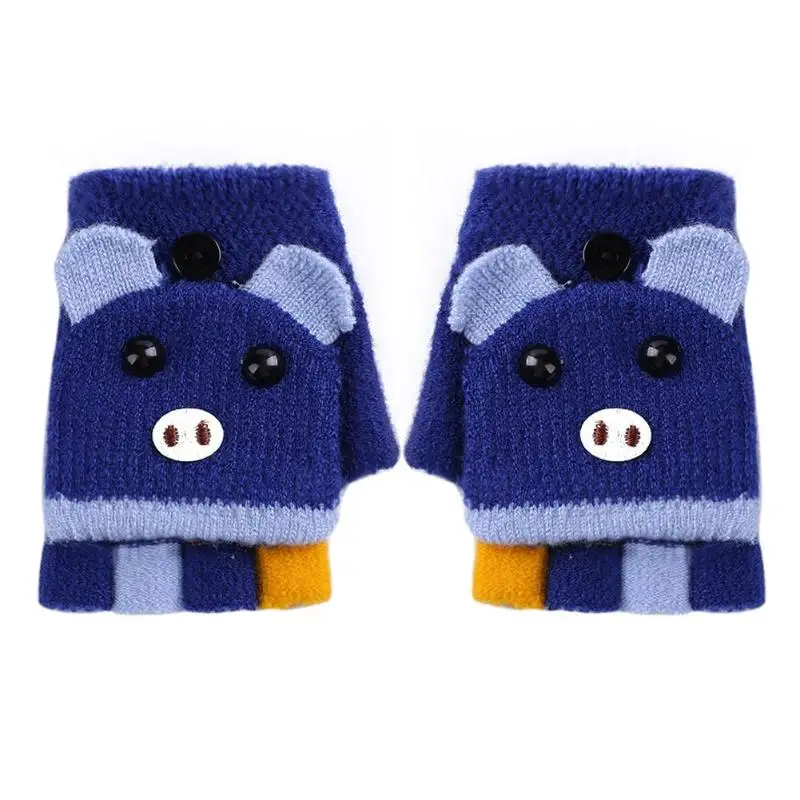 Navy Blue 2 шт. Зимние Детские эластичные перчатки для рук,, удобные утепленные лыжные перчатки с милыми животными - Цвет: Navy Blue