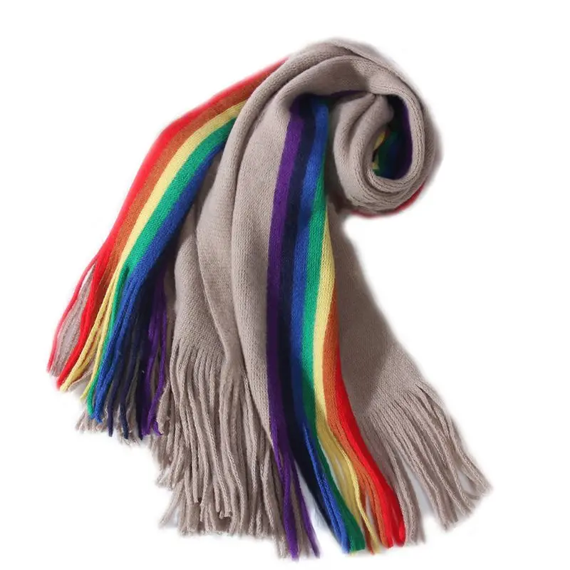 Кофе 190x40cm Women Girls Pashmina Rainbow Vertical Striped Patchwork Oversized Scarf Shawl with Tassels Winter Warm Blanket Wraps - Цвет: Кофе