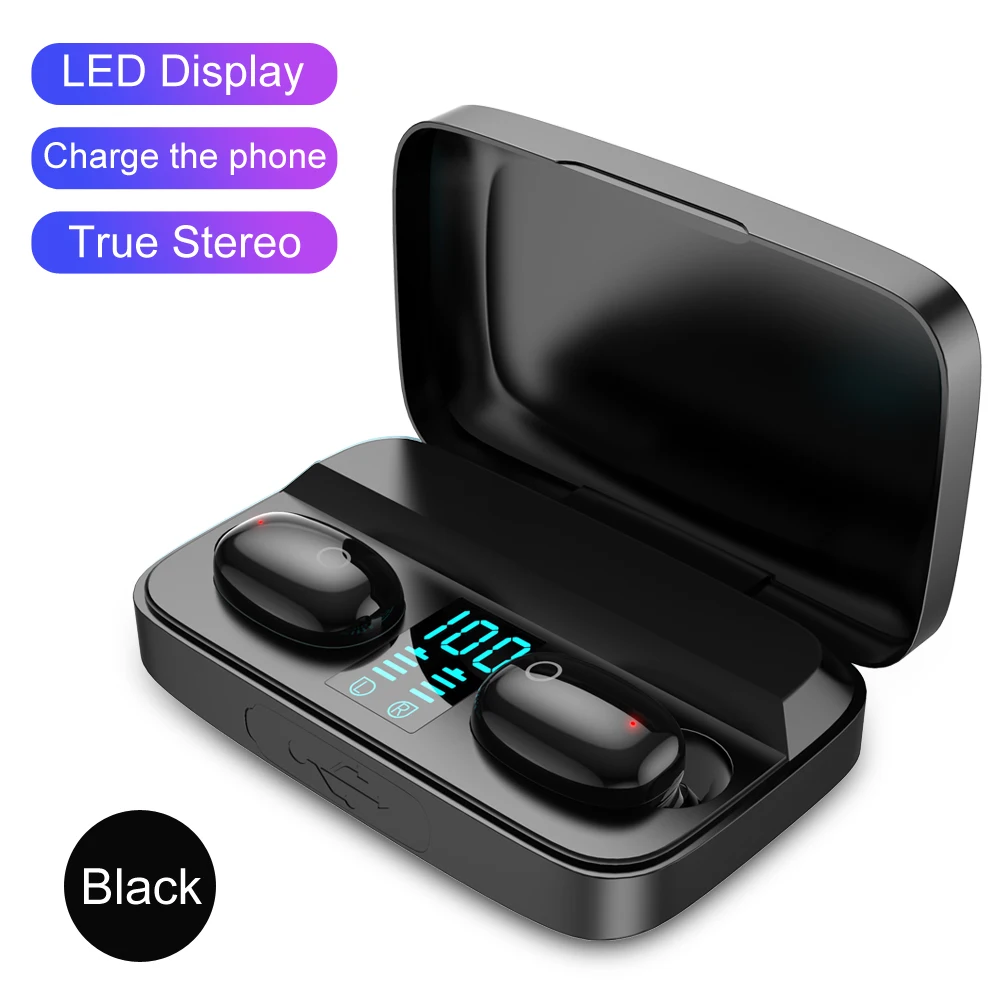 Black AWI W2S беспроводные наушники Bluetooth 5,0 TWS гарнитура светодиодный дисплей с 1800 мАч Внешний аккумулятор Наушники Hi-Fi стерео спортивные наушники - Цвет: Black