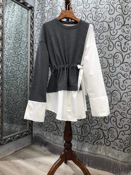 

2020 Early Autumn New Women's round Neck Color Panel Waist Side Drawstring Waist Hugging Long Sleeve Loose Shirt 814