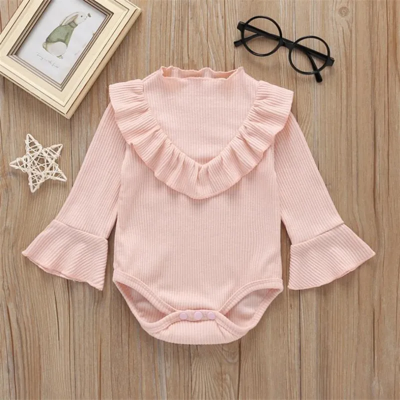 Pink Боди для новорожденных; осенняя одежда для маленьких девочек; хлопковый боди с расклешенными рукавами и оборками; комбинезон для малышей; одежда для маленьких девочек 0-2 лет - Цвет: Pink