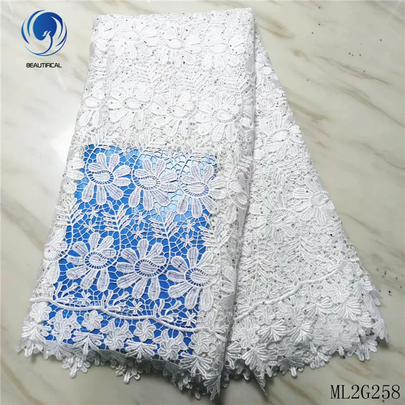 

BEAUTIFICAL white guipure lace fabrics high quality 5yards nigerian chemical lace embroidery fabric with stones ML2G258