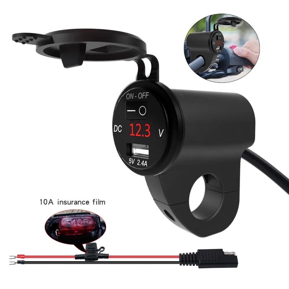 5V 2.4A Motorcycle USB Charger Aluminum Alloy Waterproof Mobile Phone Adapter Digital Display Car Fast Charging With Switch | Автомобили и