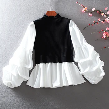 

SuperAen Korean Style Shirt Women Cotton Wild Casual Ladies Blouses and Tops High Waist Fake Two-piece Knitted Stitching 2020
