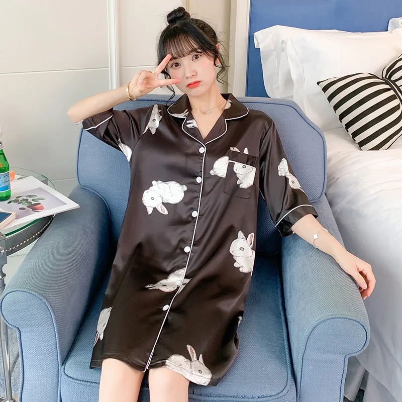 

[Temperature Attitude Warm] Spring Summer Pajamas WOMEN'S Cardigan Long Sleeve Mid-length-Printed Thin Shirt Nightgown