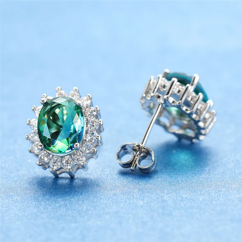 Cute Female Blue Oval Stud Earrings Simple Crystal Silver Zircon Stone Earrings For Women Luxury Vintage Wedding Earrings