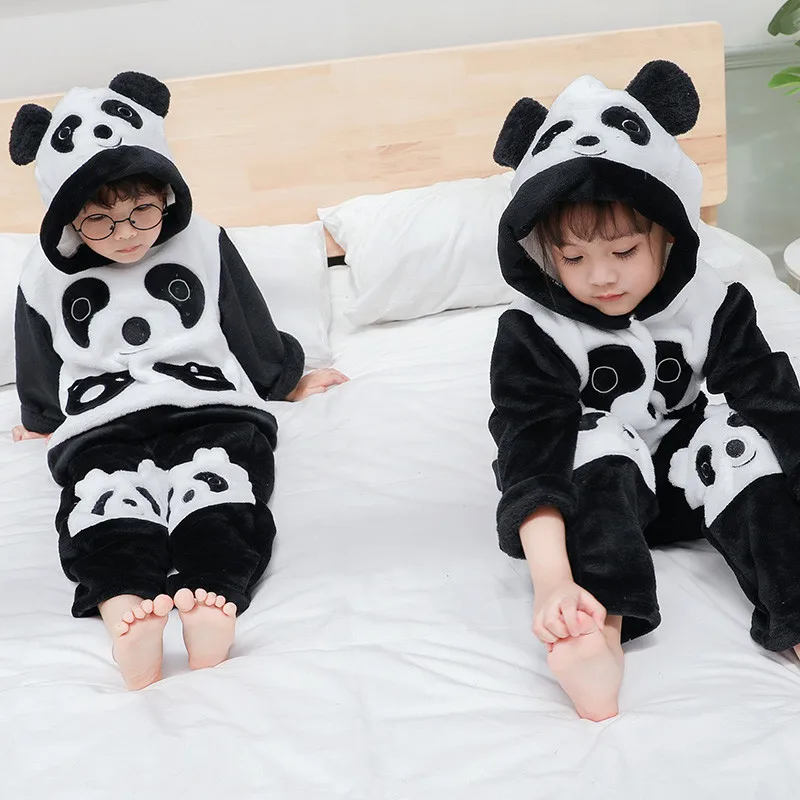 Зимние Детские пижамные комплекты теплая Пижама с пандой для мальчиков и девочек фланелевый комплект термобелья из флиса для детей от 2 до 5 лет