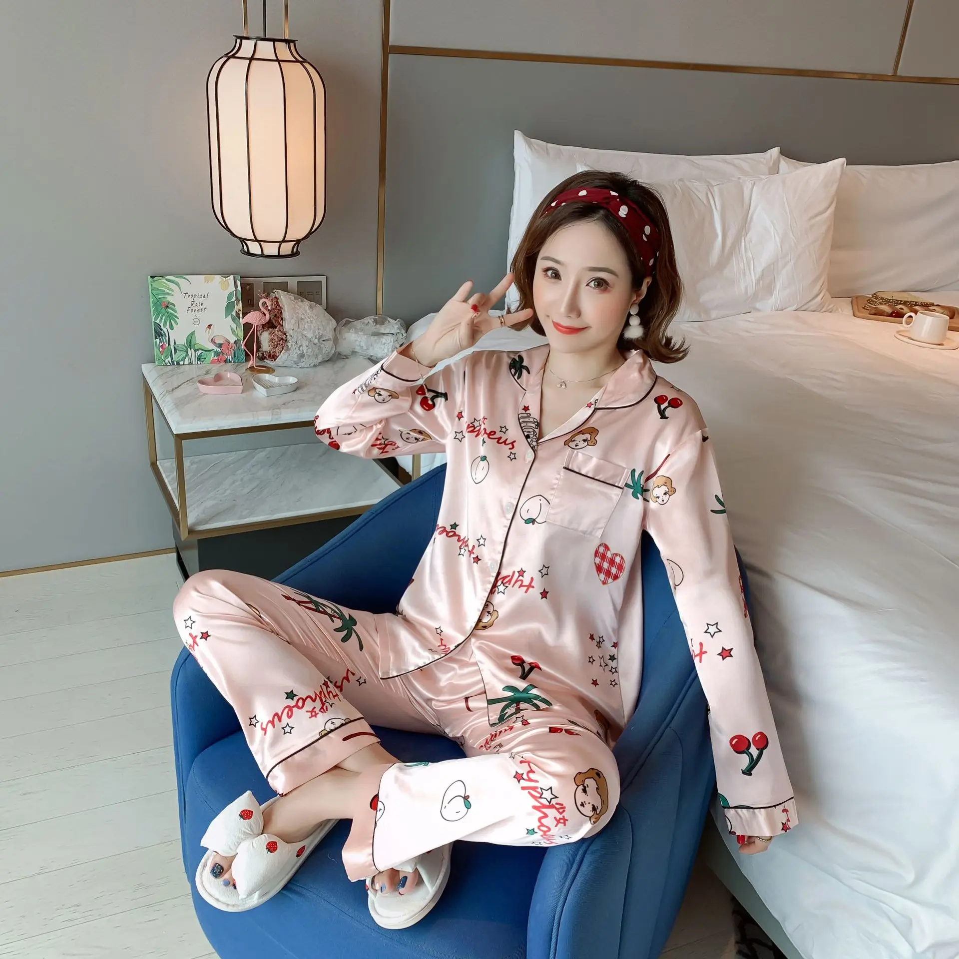 

607 # Palm Heart Cherry Cardigan MS Long Sleeve Korean-style Sweet Pajamas Tracksuit Two-Piece Set