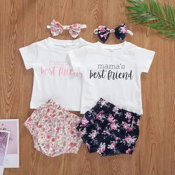 

Newborn Infant Baby Girls 0-24M Clothes Sets Letter Flowers Print Short Sleeve T Shirts Tops Shorts Headband
