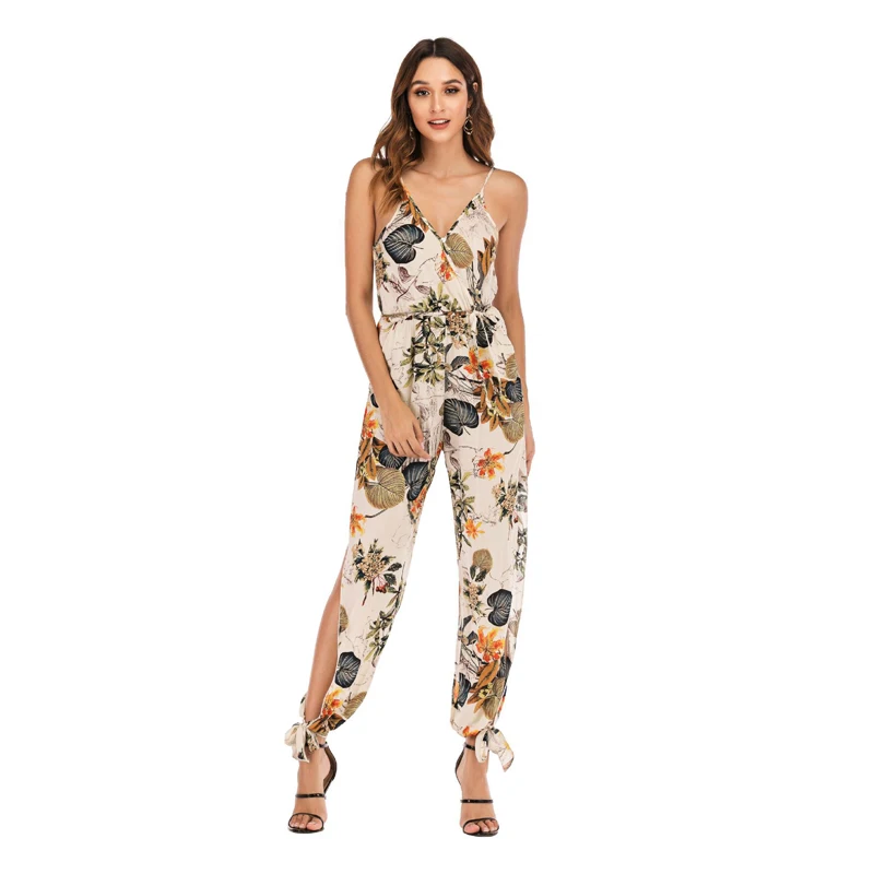 

7 Styles Summer Women Floral Print V Neck Jumpsuit Playsuit Overalls Ladies Boho Bandage Bow Lace Up Split Slit Rompers Jumpsuit