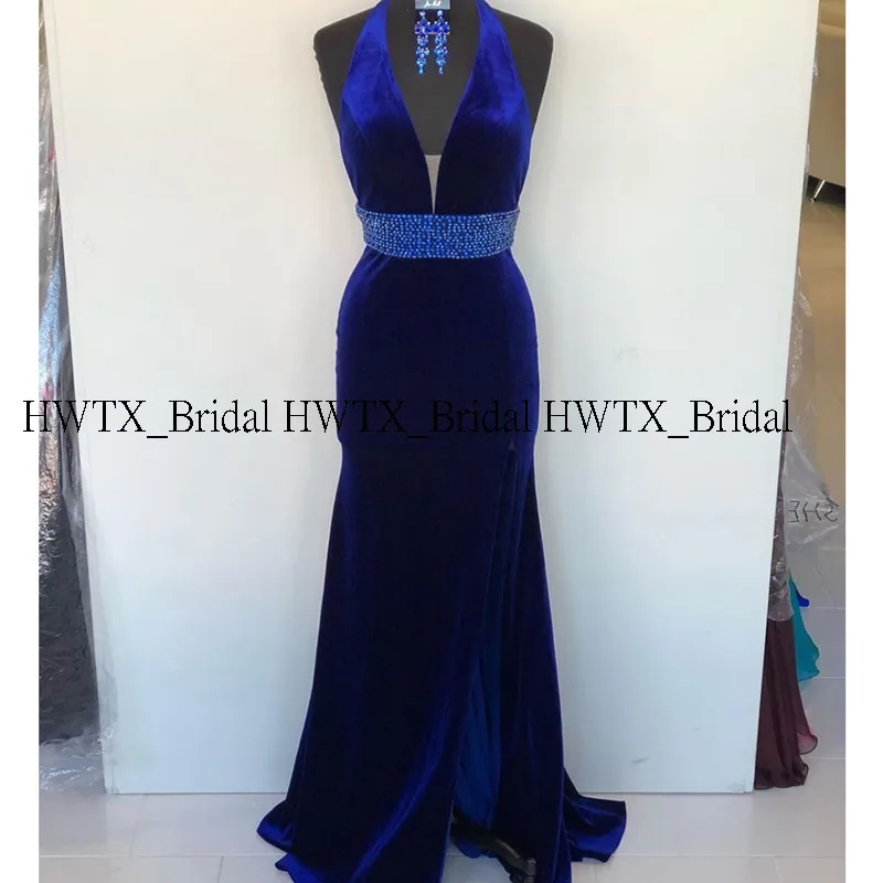 royal blue HWTX_Bridal Королевский синий бархат вечернее платье с бисером створки Холтер высокие разрезы Длинные Русалка Выпускные платья Robe de soiree на заказ - Цвет: royal blue