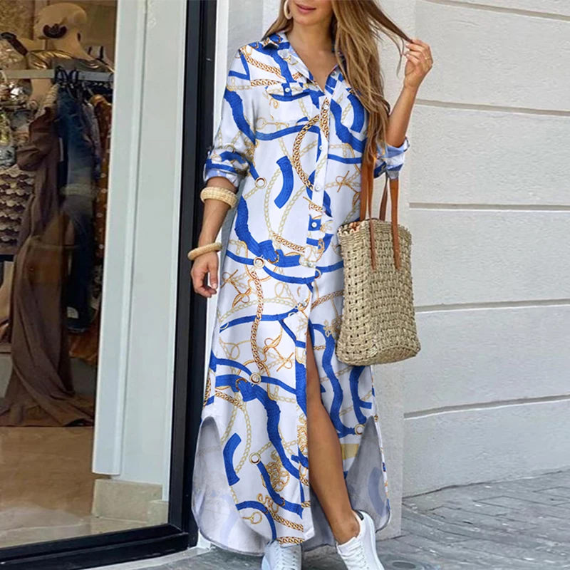 

Elegant Letter Print Women Long Dress 2020 Spring Summer Long Sleeve Maxi Dress Casual Female Button Split Party Dress Vestidos