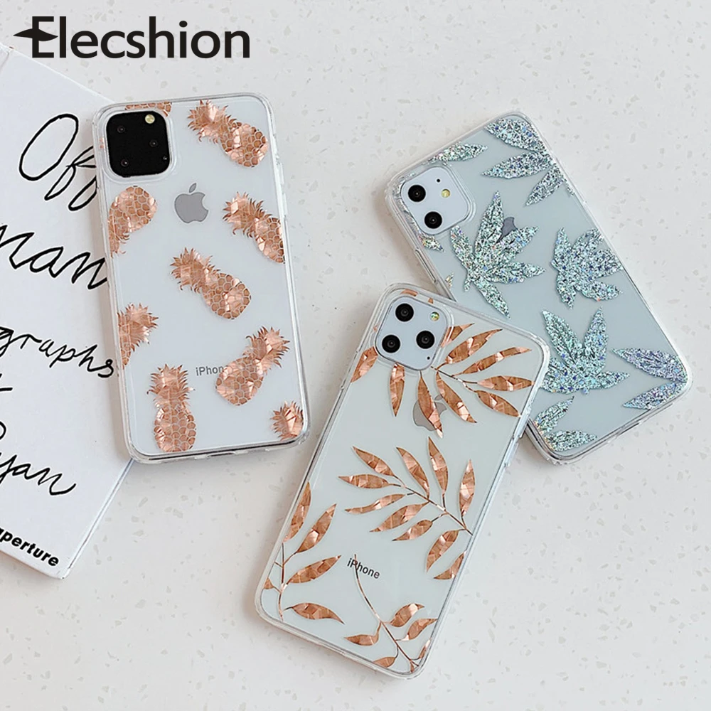 

Gold Plating Leaf Phone Case For iPhone 11 Pro Max Pineapple Phone Case For iPhone 7 8 X XS XR Transparent Tree Phone Back Cover