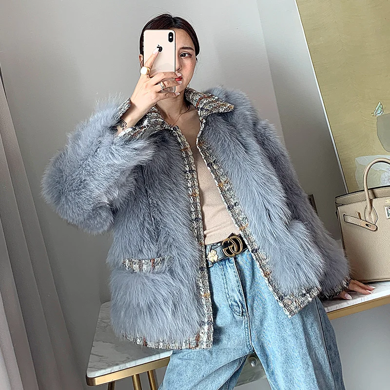 rf2041 Turn Down Collar New Arrival Woman's Real Fox Fur Jacket Fashion Natural Fur Coat for Ladies - Цвет: Небесно-голубой