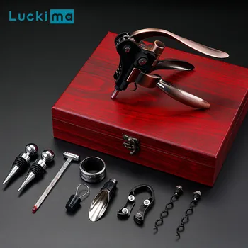 

8 In 1 Multifunction Wine Opener Leather Wooden Gift Box Wine Separator Dispenser Stopper Foil Cutter Corkscrew with Thermometer