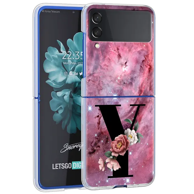 Letter A B Flowers Pink Case For Samsung Galaxy Z Flip 3 5G Transparent Hard Cell Phone Cover ZFlip3 Clear PC Luxury Fundas H25