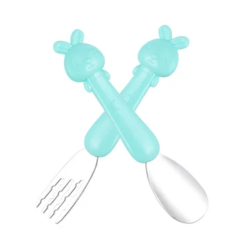 

1 Set of Supplementary Food Tableware Cartoon Short Handle Fork Spoon Feeding Tools (Blue)