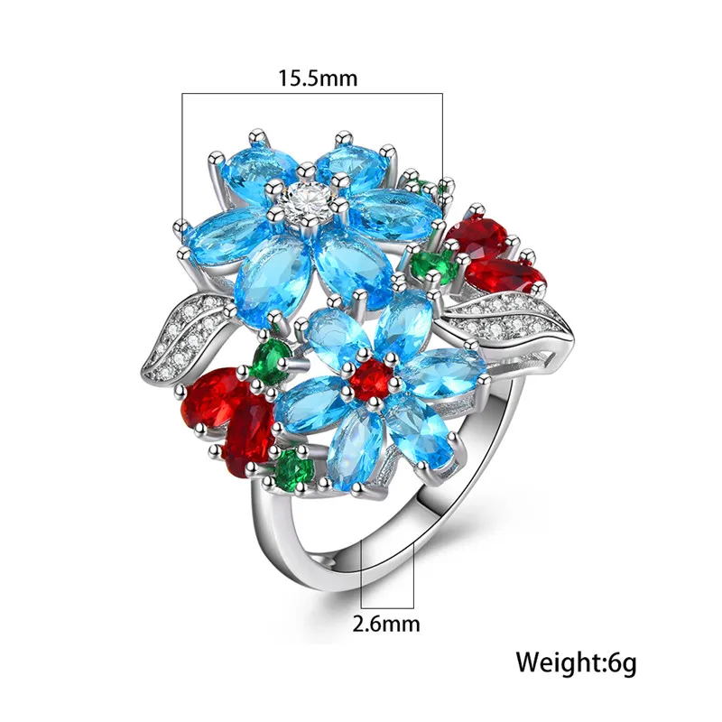 Boho женское синее цветочное кольцо Мода 925 Серебрянное обручальное кольцо кольца для женщин маленький красный, зеленый камень Свадебное обручальное кольцо