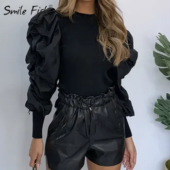 

New Half Turtleneck Autumn Winter Women Korean Fashion Puff Sleeve Patchwork Black Pullovers Party Elegant Slim Sweaters GV968