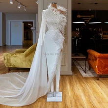 Новое поступление, блестящее белое вечернее платье на одно плечо, шифоновое облегающее платье с бисером и перьями, полная длина, для турецкого и арабского