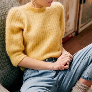 

Women's Mohair Knitted Sweater O-neck Pull Puff Sleeve Retro Spring New Lady Tops