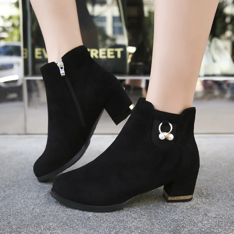 

2019 Winter Shoes Women Square Heels Boots Fashion Women Ankle Boots Brand Ladies Booties Black Winter Female Footwear A1771